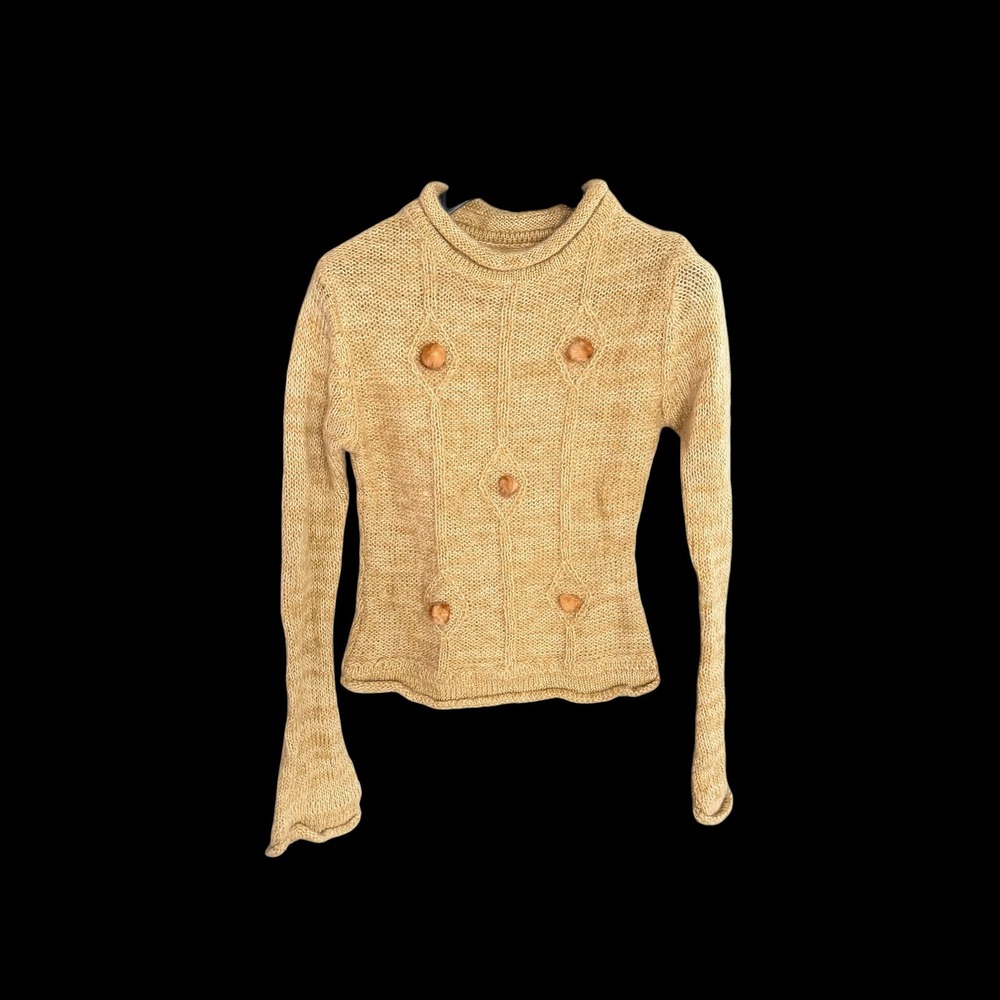 Vintage Style Wool Hand Knit Marled Gold Bobble Sweater‎ Crew Neck Long Sleeve